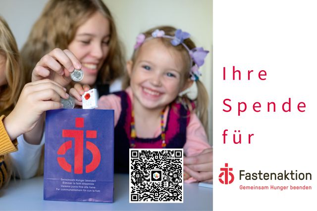 Fastenaktions-Banner für Pfarrei-Webseite: Kinder sammeln mit Fastensäcklein für die Fastenaktion