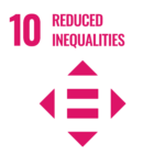 Das UNO Symbol für das 10. Sustainable Development Goal - Reduced Inequalities. Symbolisiert durch ein Gleichheitszeichen mit Pfeilen, die in vier Richtungen nach außen zeigen