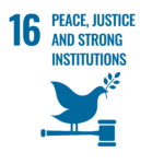 Das UNO Symbol für das 16. Sustainable Development Goal - Peace, Justice and Strong Institutions. Symbolisiert durch eine blaue Friedenstaube, die auf einem Richterhammer sitzt