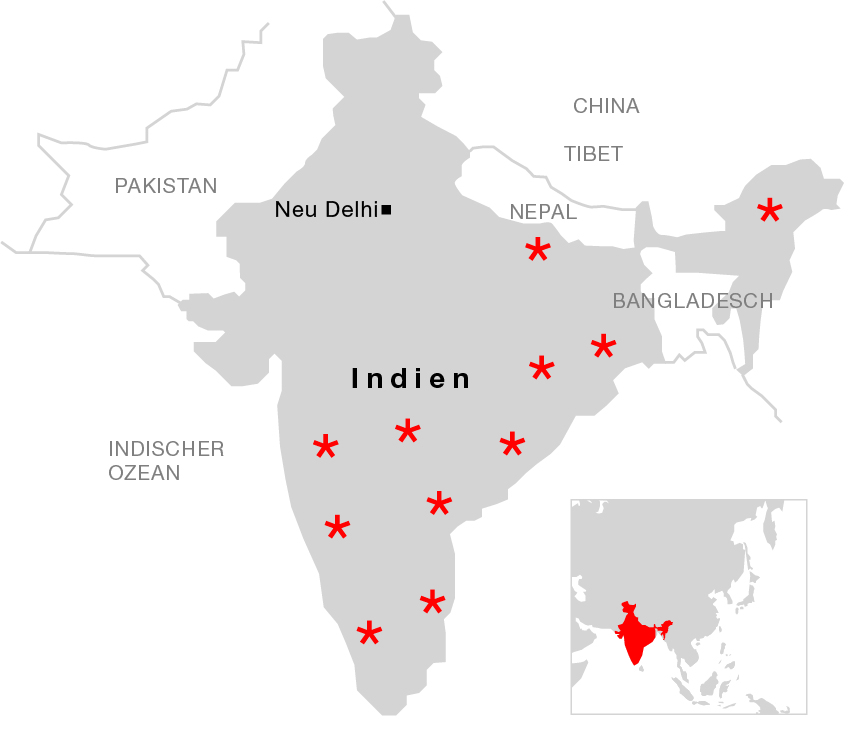 Eine Landeskarte von Indien mit den Projektregionen wo Fastenaktion tätig ist