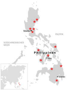 Eine Landeskarte von die Philippinenmit den Projektregionen wo Fastenaktion tätig ist