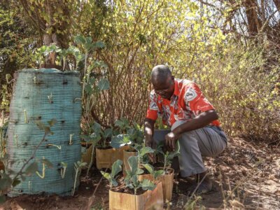 John Mutua bei der Arbeit in seinem Garten im Bezirk Makueni, Kenia.